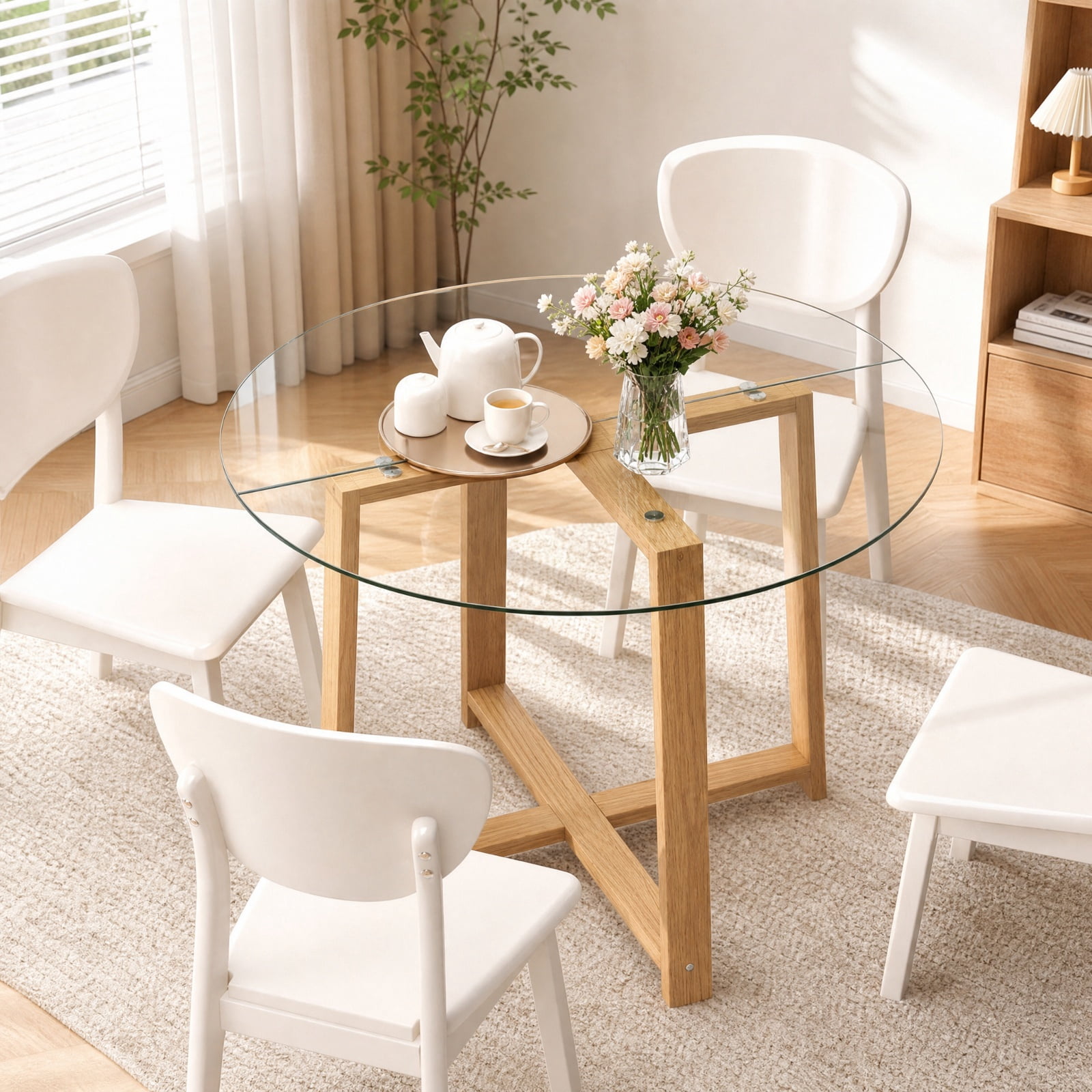 Furnibear 42 Inch Round Glass Dining Table for 4 to 6 with Tempered Glass Top and Rubber Wood Legs for Kitchen and Dining Room, Natural