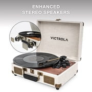 مشغل تسجيل حقيبة Victrola Venture Bluetooth المحمولة الحديثة في منتصف القرن مع قرص دوار ثلاثي السرعات ومكبرات صوت مدمجة | بلوط
