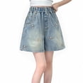 thumbnail image 2 of GiLiling Girls Bow Print Elastic Waist Denim Shorts, Frayed Hem Jean Shorts with Pockets for Kids Summer Casual Wear (Light Blue, 5-6 Years), 2 of 7