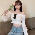thumbnail image 3 of Autumn Women Puff Sleeve Blouses Solid Color Long Sleeve Off Shoulder High Waist Shirt, 3 of 6