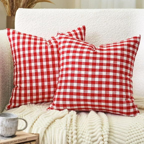 Red and White Christmas Decor Buffal Plaid Pillow Covers 18x18 Set of 2, Red Christmas Checkered Gingham Pillow Covers 18 x 18, Farmhouse Christmas Decor Outdoor Throw Pillows for Porch