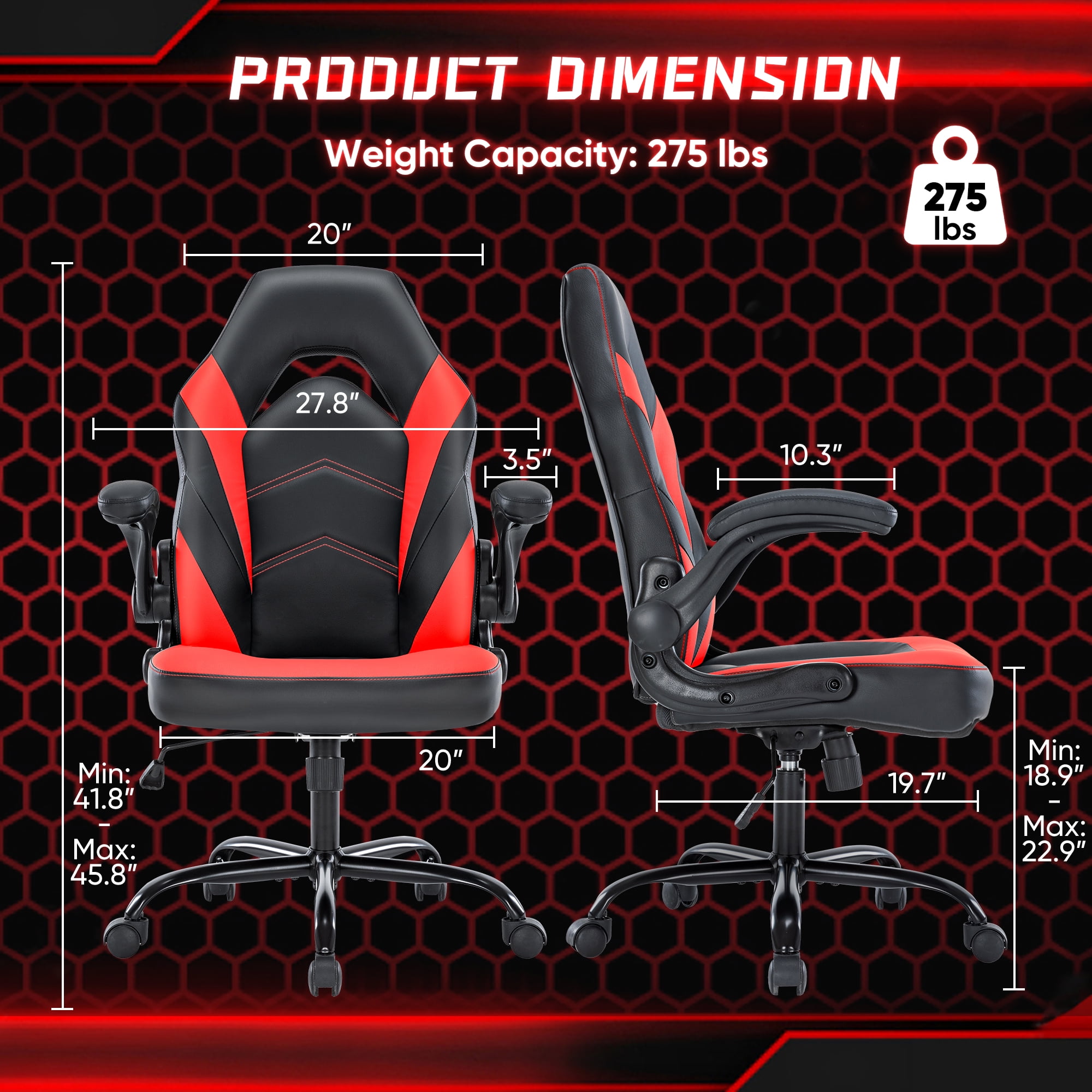 CONCETTA PU Leather Computer Gaming Desk Chair, Ergonomic Adjustable Swivel Racing Chair with Flip-up Armrest, Black Red