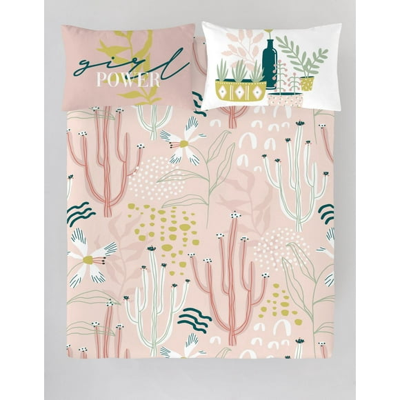 Gouchee Home Naive Queen 3-Piece Duvet Cover Set – Cactus Floral Print, Reversible Pink Cotton Bedding