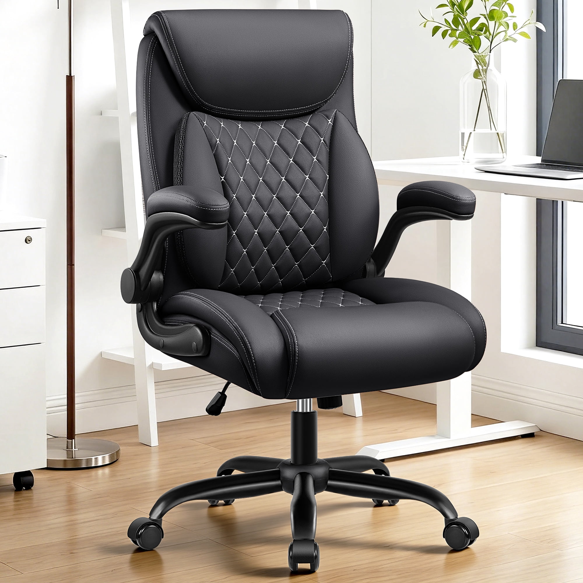 COOLHUT Big and Tall Office Chair 500LBS Wide Seat Ergonomic Computer Desk Chair, High Back Executive PU Leather Chair, Adjustable Armrest and Lumbar Back Support Office Chair, Black