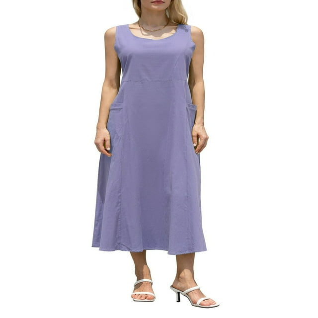 Tenue de Plage pour Femmes Robe Débardeur en Coton et Lin avec Poches Maxi Couleur Unie Bohemia Robe d'Été