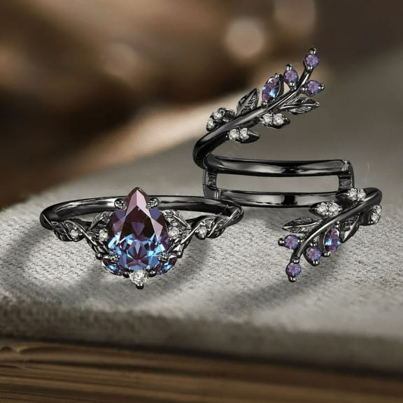 Vintage Pear Alexandrite Engagement Ring- Gothic Leaf Bridal Set in 14K Black Gold Vermeil- Unique Enhance Stack Wedding Band