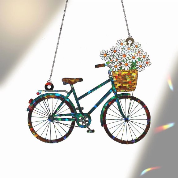 ViciArt Bicycle with Flower Basket Acrylic Suncatcher, 4” Holographic Window Hanging, Spring Garden Decor