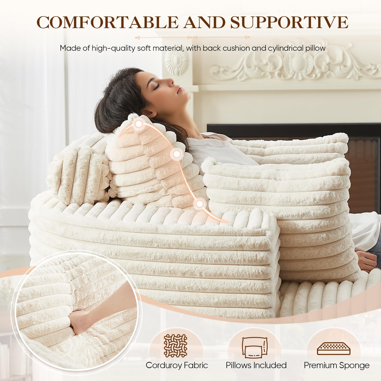 Aukfa 55" Oversized Round Chaise Lounge Chair Indoor, Corduroy Upholstered Sleeper Chair with Deep Seat & Pillows, Beige