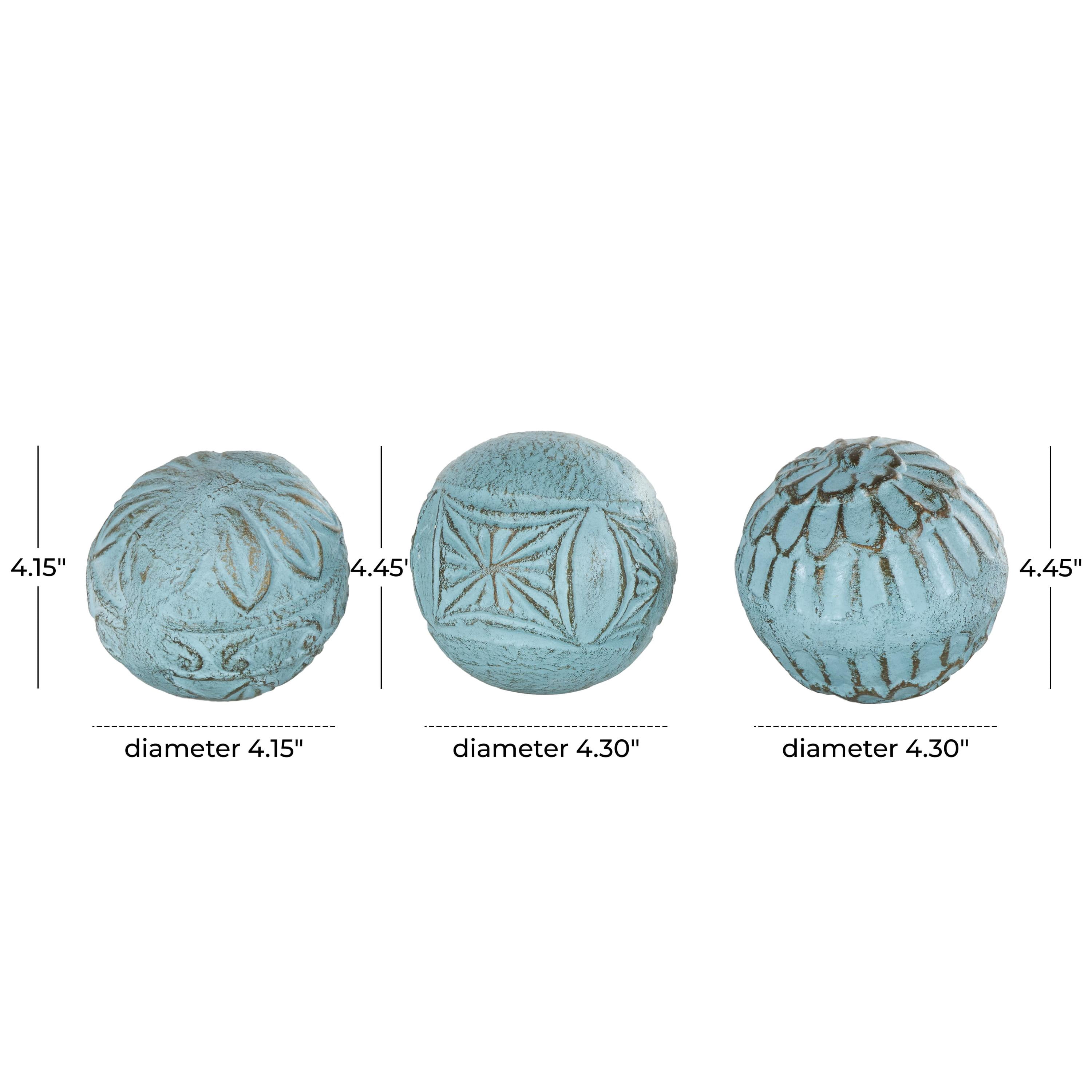 DecMode Blue 4" Handmade Intricately Carved Paper Mache Orbs & Vase Filler with Various Floral Patterns (3 Count)