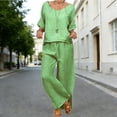 thumbnail image 2 of IWRICH 2 Piece Outfits for Women Half Sleeve Linen Sets Crew Neck Tops Wide Leg Pants Set Plus Size Summer Matching Suits Green XXXL, 2 of 4