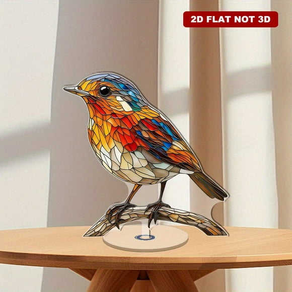 Rotating acrylic ornament featuring a vibrant stained-glass European Robin with intricate colors and detailed textures on a realistic branch