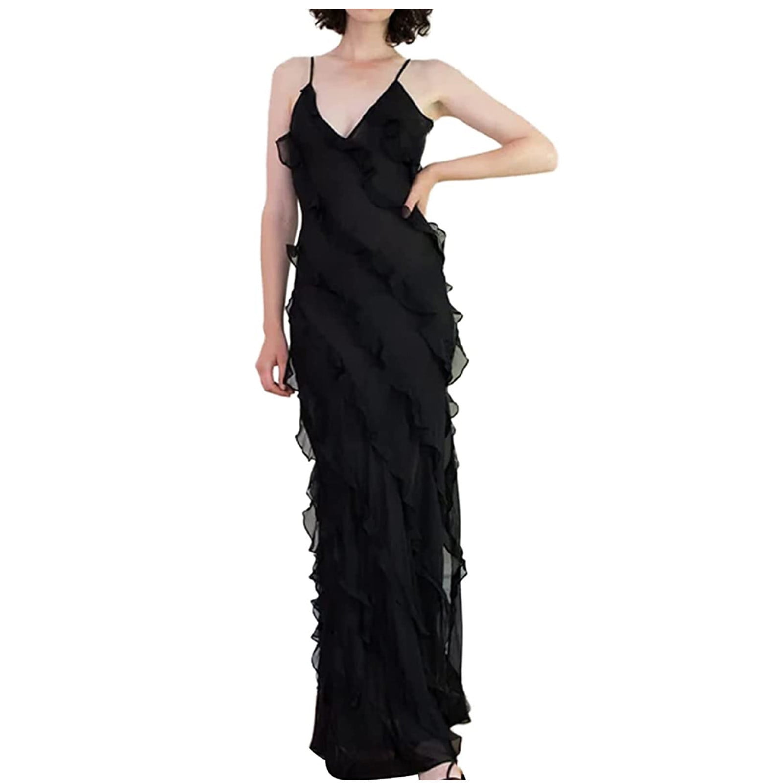 Xzngl Long Sleeve Dress Women Womens Chiffon Long Dress Sexy Hanging Strap Open Back Split Ruffle Dress Summer Long Dress For Women Long Summer Dress