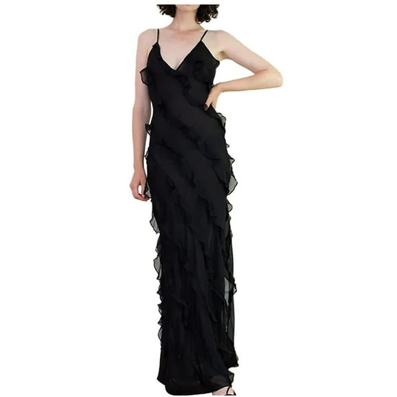 LEAVINGSUO Sleeveless Dresses for Women Casual Summer Women's Chiffon Long Dress Sexy Hanging Strap Open Back Split Ruffle Dress