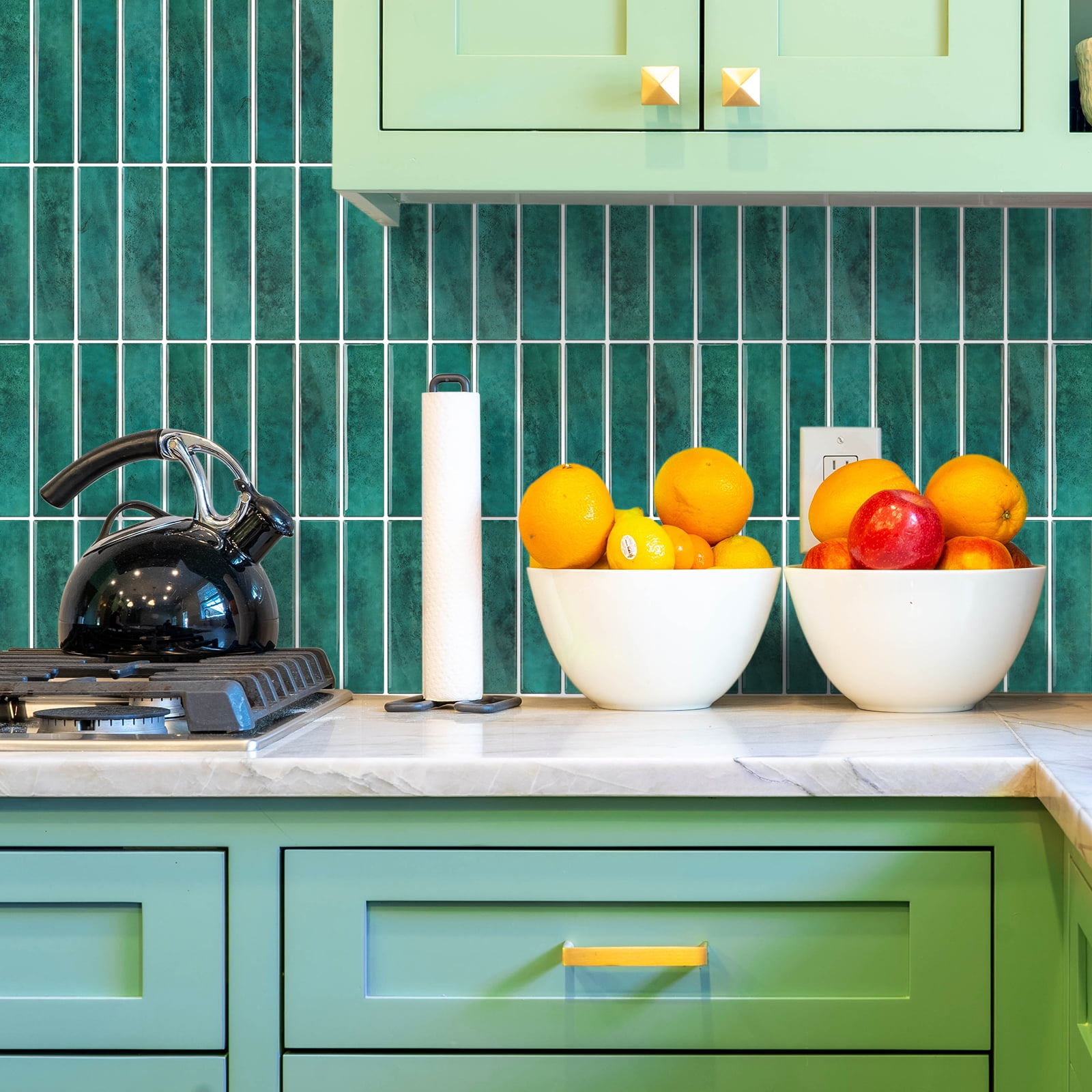 Peel and Stick Green Finger Mosaic Tile Vinyl Backsplash  12 x 12inch (10 tiles/set)
