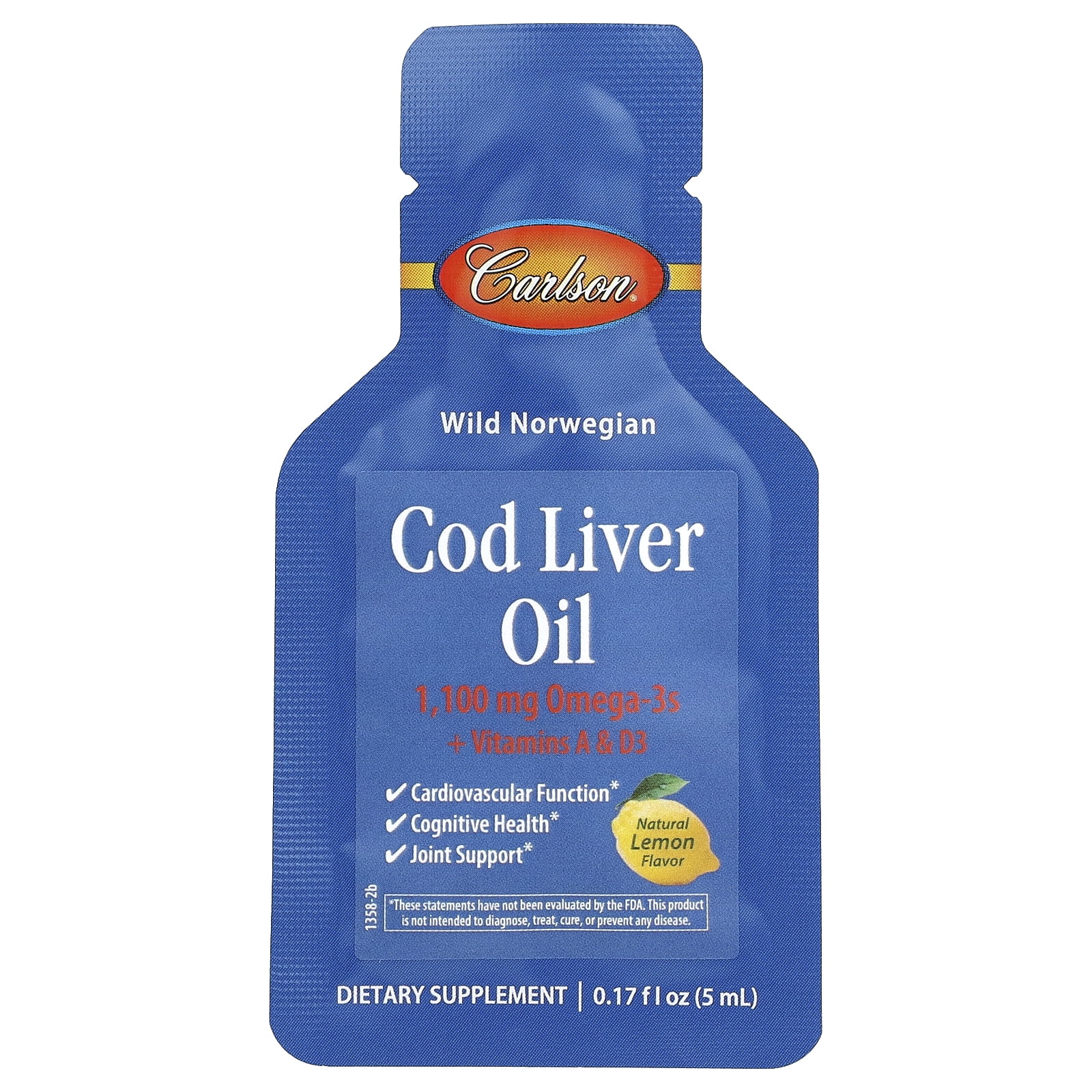 Carlson Wild Norwegian Cod Liver Oil, Natural Lemon, 15 Liquid Packets, 0.17 fl oz (5 ml) Each
