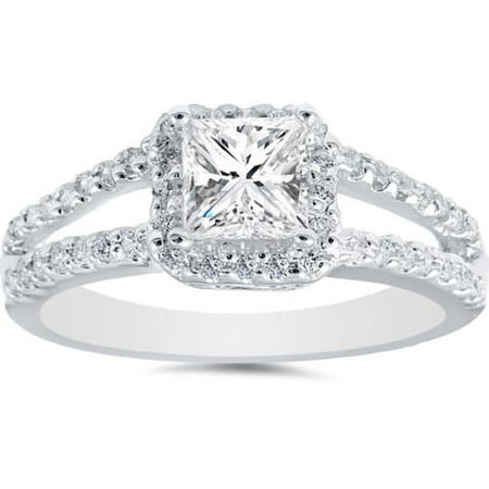 14k Wg Diamond Solitaire - 1 Carat Princess Cut Diamond Halo Engagement Ring Split Shank Solitaire 14k WG