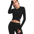 thumbnail image 1 of Hauts Courts à Col Rond pour Femmes, Croisé sur le Ventre, Manches Longues Ou Courtes, Chemise de Sport pour Yoga, Entraînement Physique, Course, Manches Longues, Noir S, 1 of 5