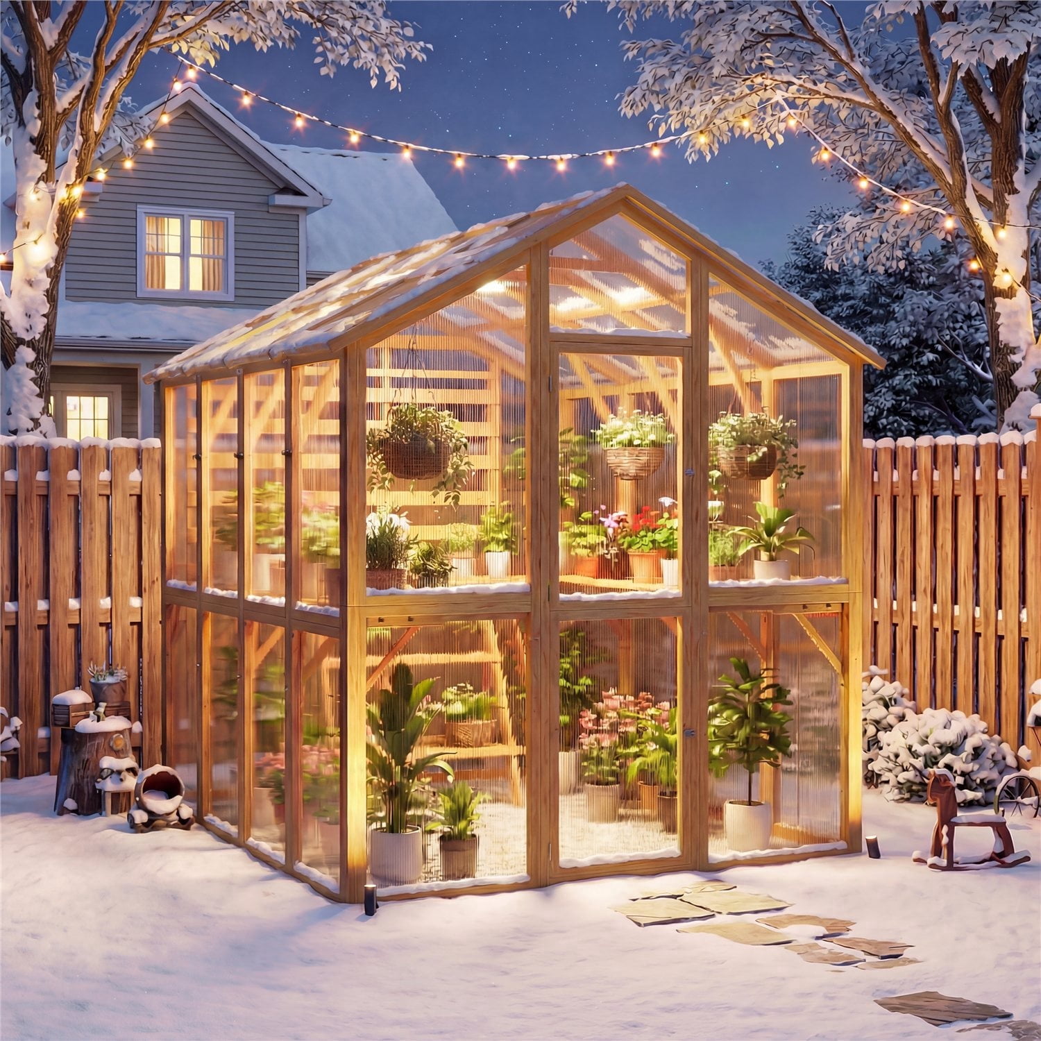 AECOJOY 6x7 FT Wooden Greenhouse For Outdoors,Walk-in Garden Greenhouse with Plant Stand with Polycarbonate Panels for Backyard or Patio