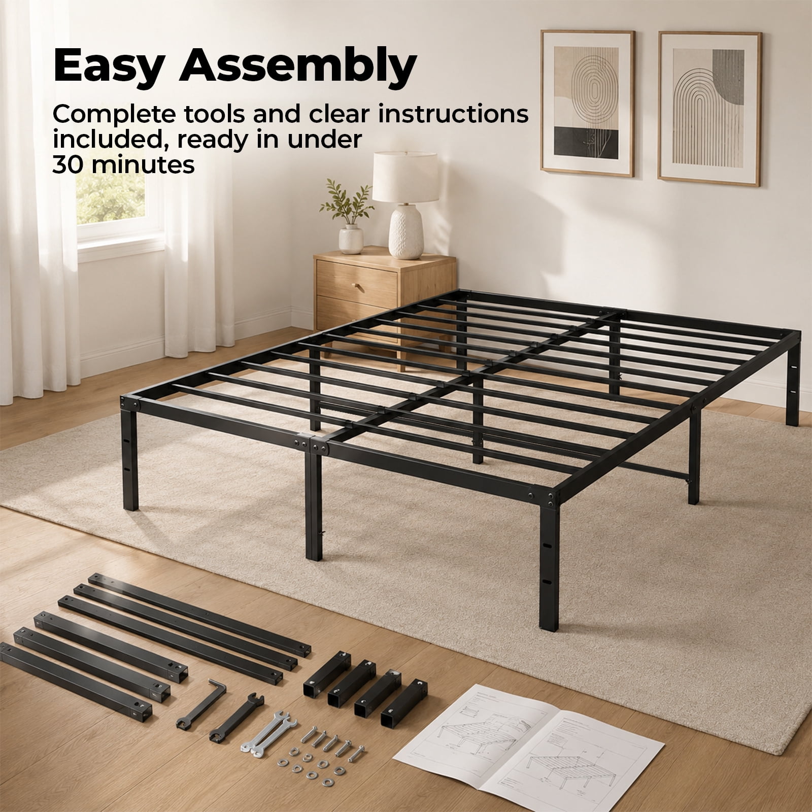 Alvantor Metal Platform Bed Frame 18 inch Tall, Heavy Duty Mattress Foundation, Easy Assembly, Black