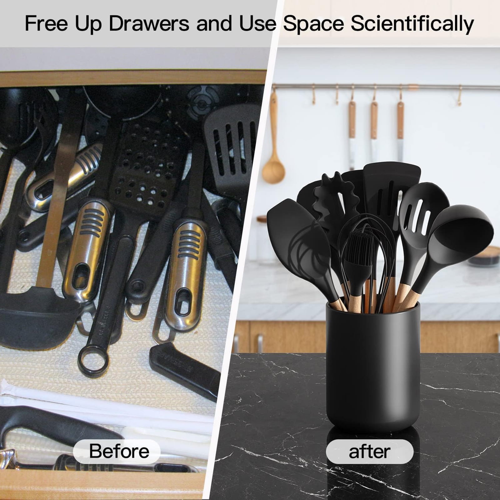 Kitchen Utensil Holder for Countertop, Large 6.3 Matte Ceramic Cooking Utensil Crock for Counter Easy to Clean, Modern Spatula Holder for Farmhouse Décor 6.3×4.7 INCH (Black )