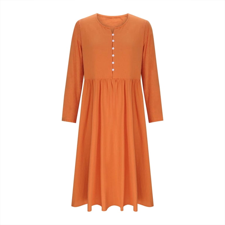 Plus Size Long Dresses for Spring Ladies Fashion Women Long Sleeve Button  V-Neck Dress Solid Dresses Pocket Orange L - Walmart.com