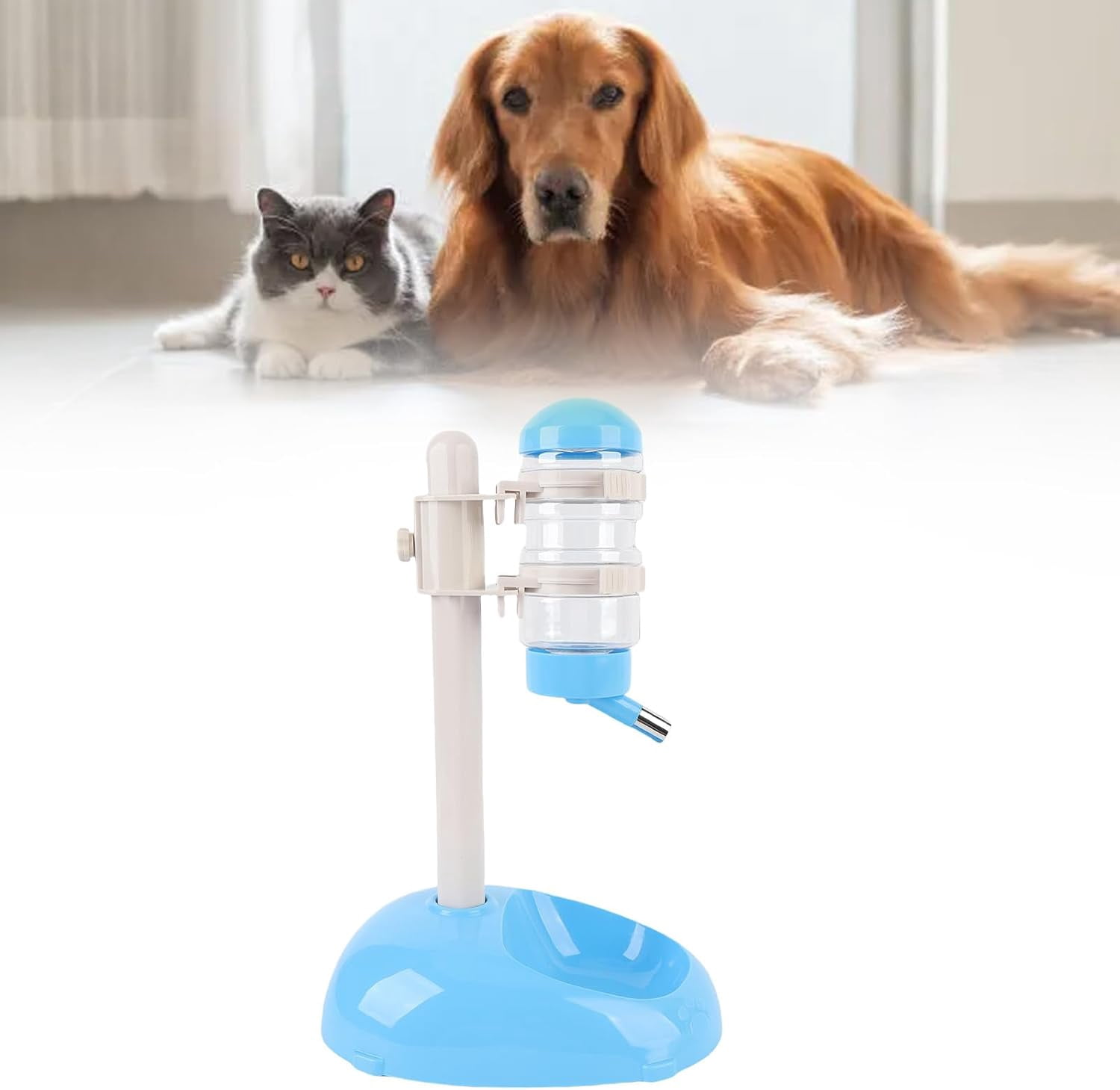 Pet Standing Water Dispenser Height Adjustable Automatic Feeder Bowl 500ml Dog Cat Blue