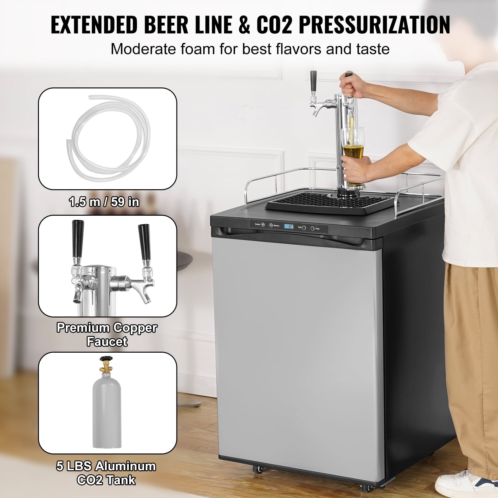 KFFKFF Dual Tap Beer Cooler, Keg Fridge with Shelf, CO2 Tank (Empty), Drip Tray & Guardrail, Temp Range 23°F-82°F, 162L Capacity, Silver