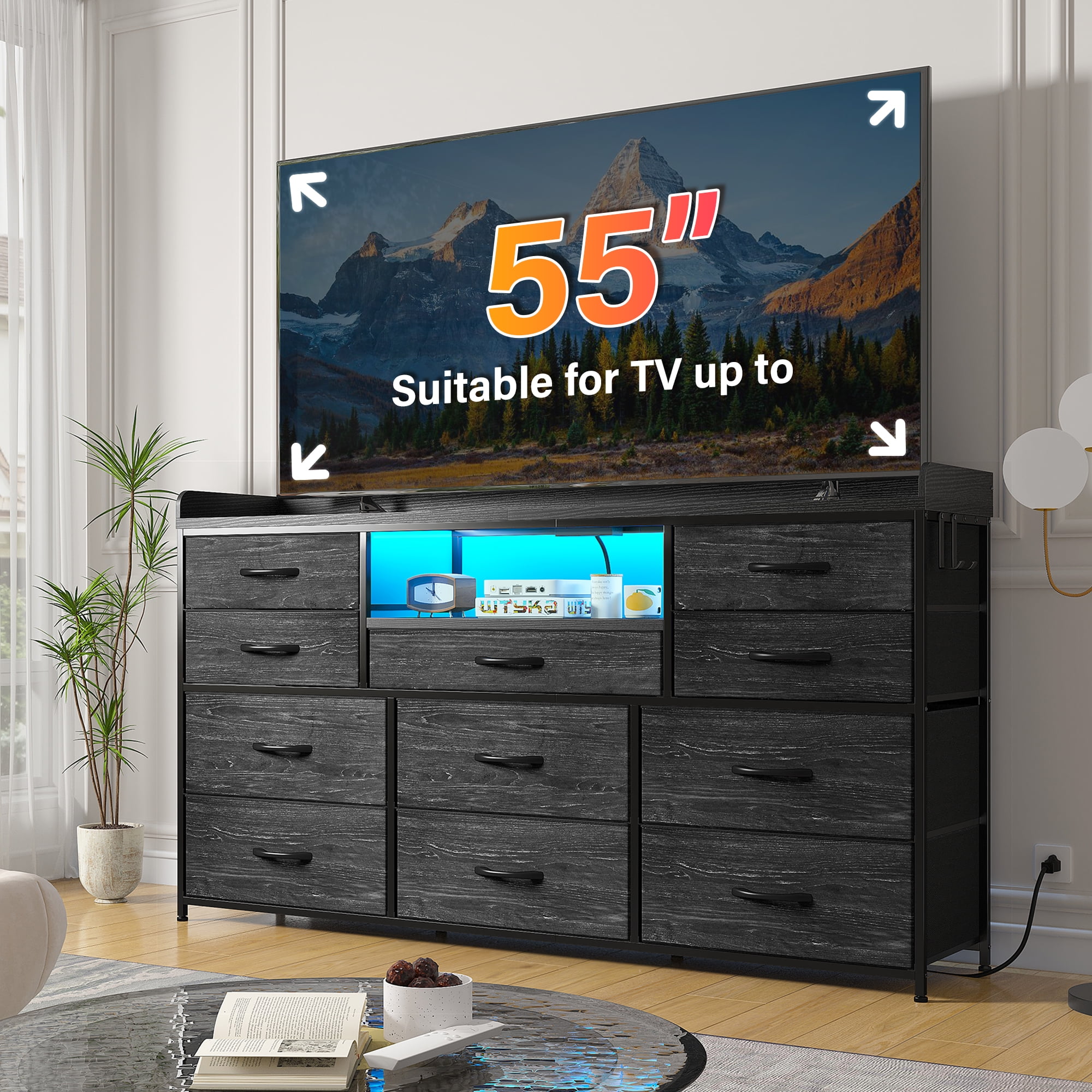 EnHomee Black Dresser with 11 Drawers Dressers for Bedroom TV Stand for 55" TV LED TV Stand with Charging Station Long Dresser with Shelves&4 Hooks,Black