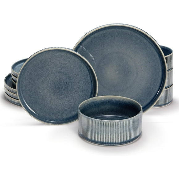 Ceramic Dinnerware Set, by Vase and Vessel, 12-Piece Service for 4, 9.8” Dinner Plates, 8” Salad Plates, 20 oz Bowls, Ombre Reactive Glaze, Durable Stoneware, Microwave & Dishwasher (Denim)