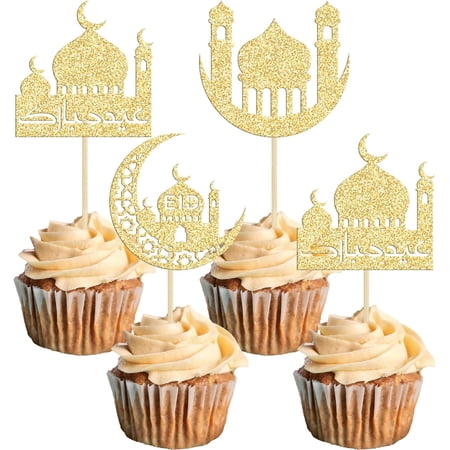 12pcs Eid Mubarak Cupcake Toppers, Gold Glitter Arabic Mosque & Crescent Moon Cupcake Picks for Eid Al-Fitr/Adha Party Decorations