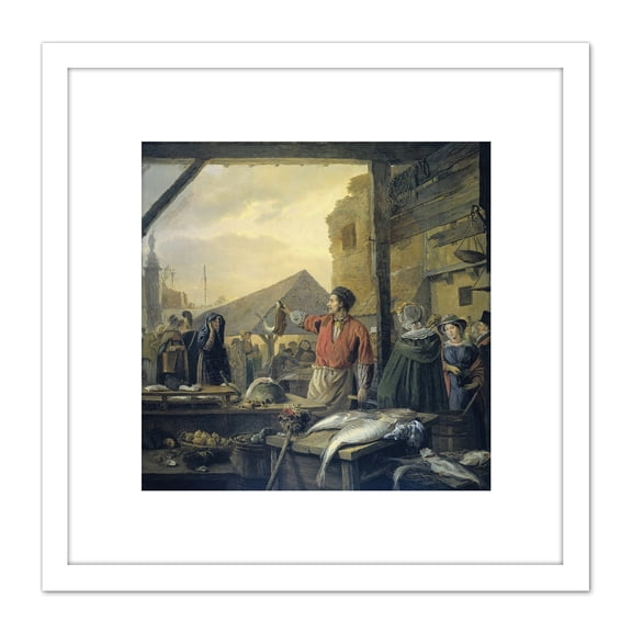 Van Regemorter Fish Market In Antwerp Painting 8X8 Inch Square Wooden Framed Wall Art Print Picture with Mount