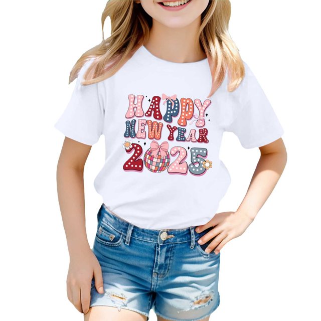Toimothcn T-Shirts Filles Décontracté 2025 Bonne Année Lettre Imprimée Manches Courtes Col Rond Cool Respirant T-Shirt Confortable Usage Quotidien Filles 3-4 Ans