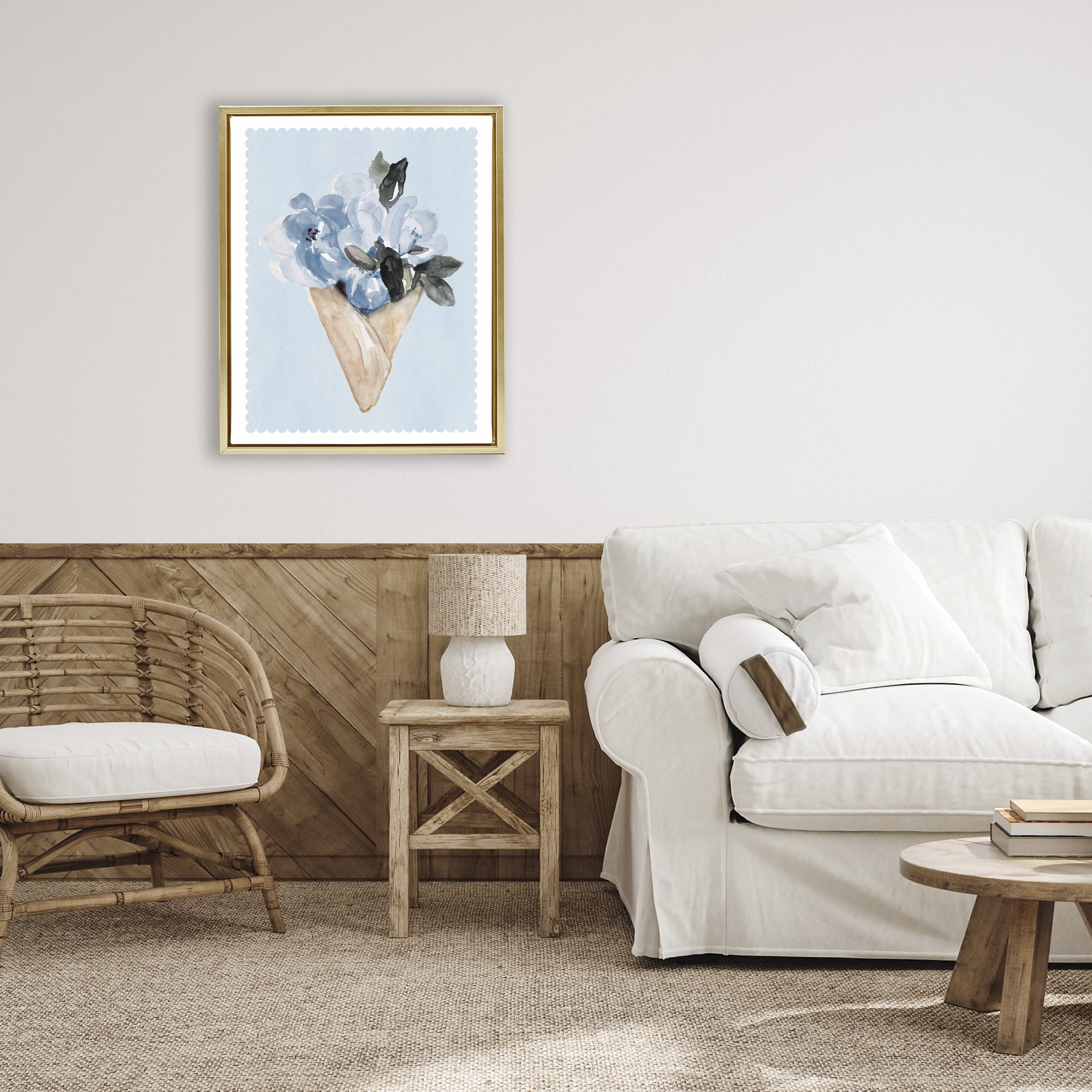 Stupell Industries Blue Flower Gift Bouquet Gold Framed Floater Canvas Wall Art, design by Elizabeth Medley
