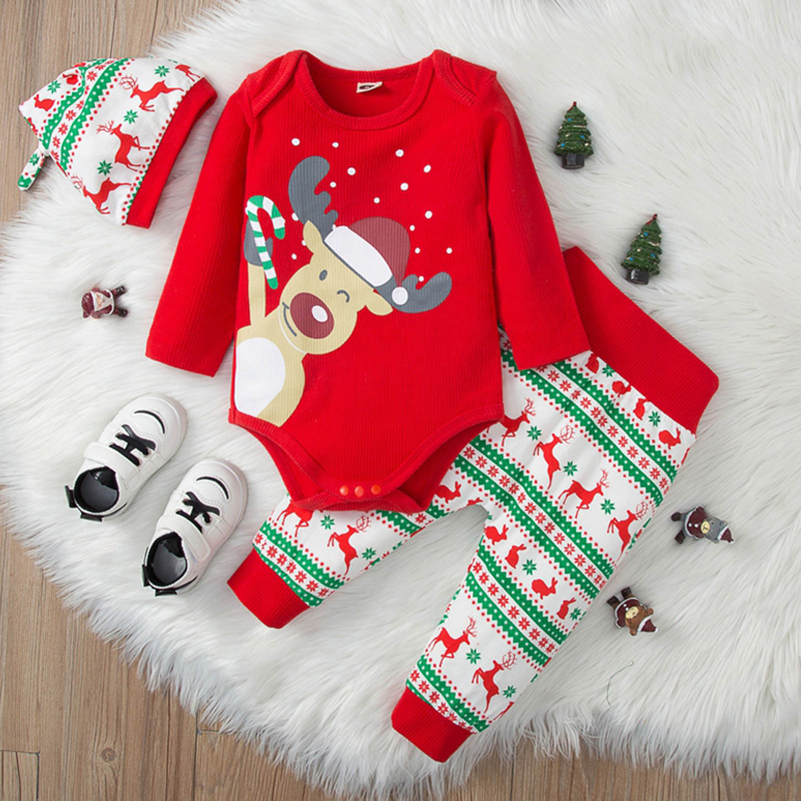 Ensemble Bébé Père Noël 3 Pièces - Combinaison Chaud + Pantalon + Chapeau - Pour Garçon Et Fille
