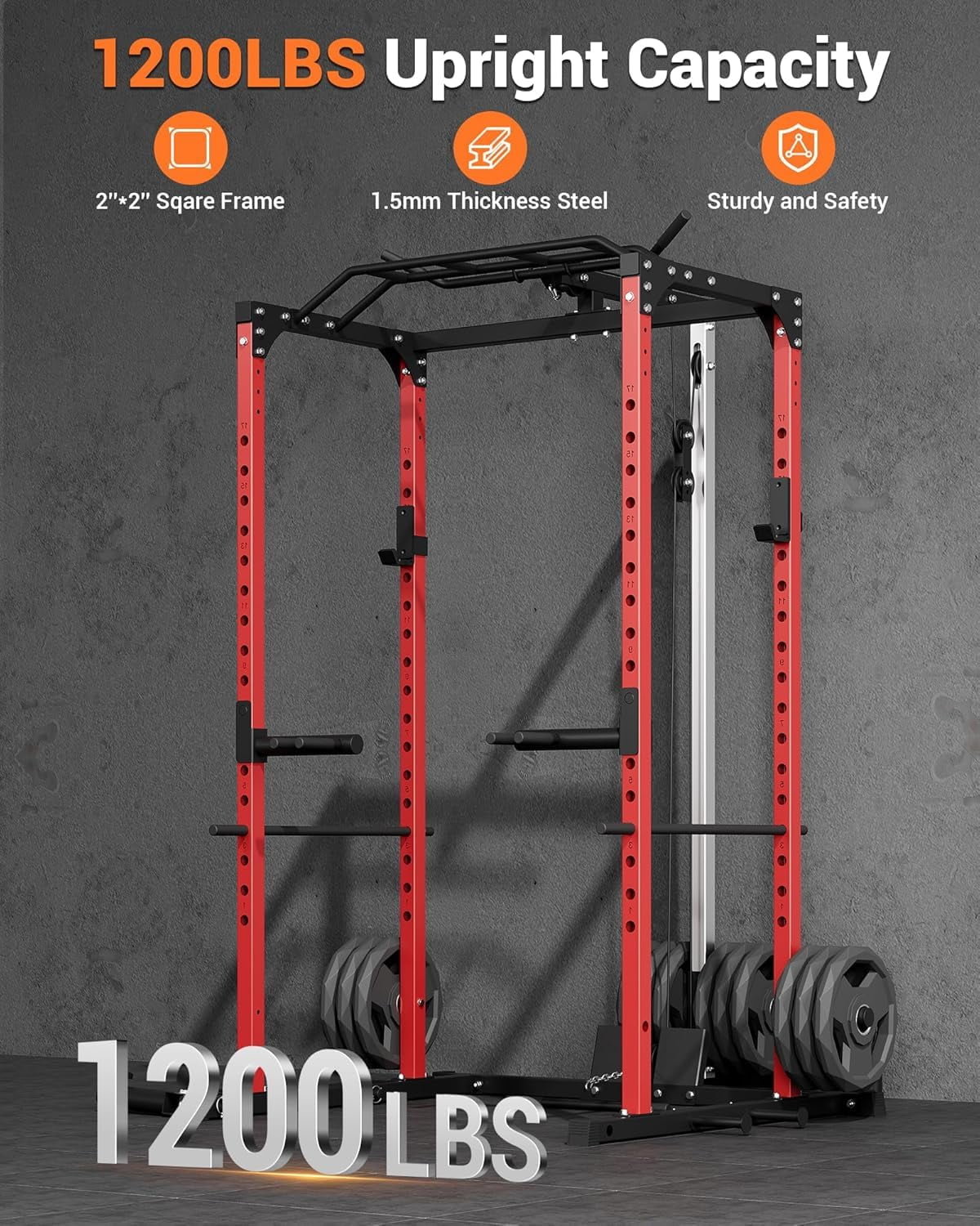 Power Cage with LAT Pull Down System, Multi-Functional Squat Rack with Low Row System, J-Hooks, Dip Bars, Pull Up Bar, 2000 LB Heavy Duty Power Rack Fitness Equipment for Home Gym