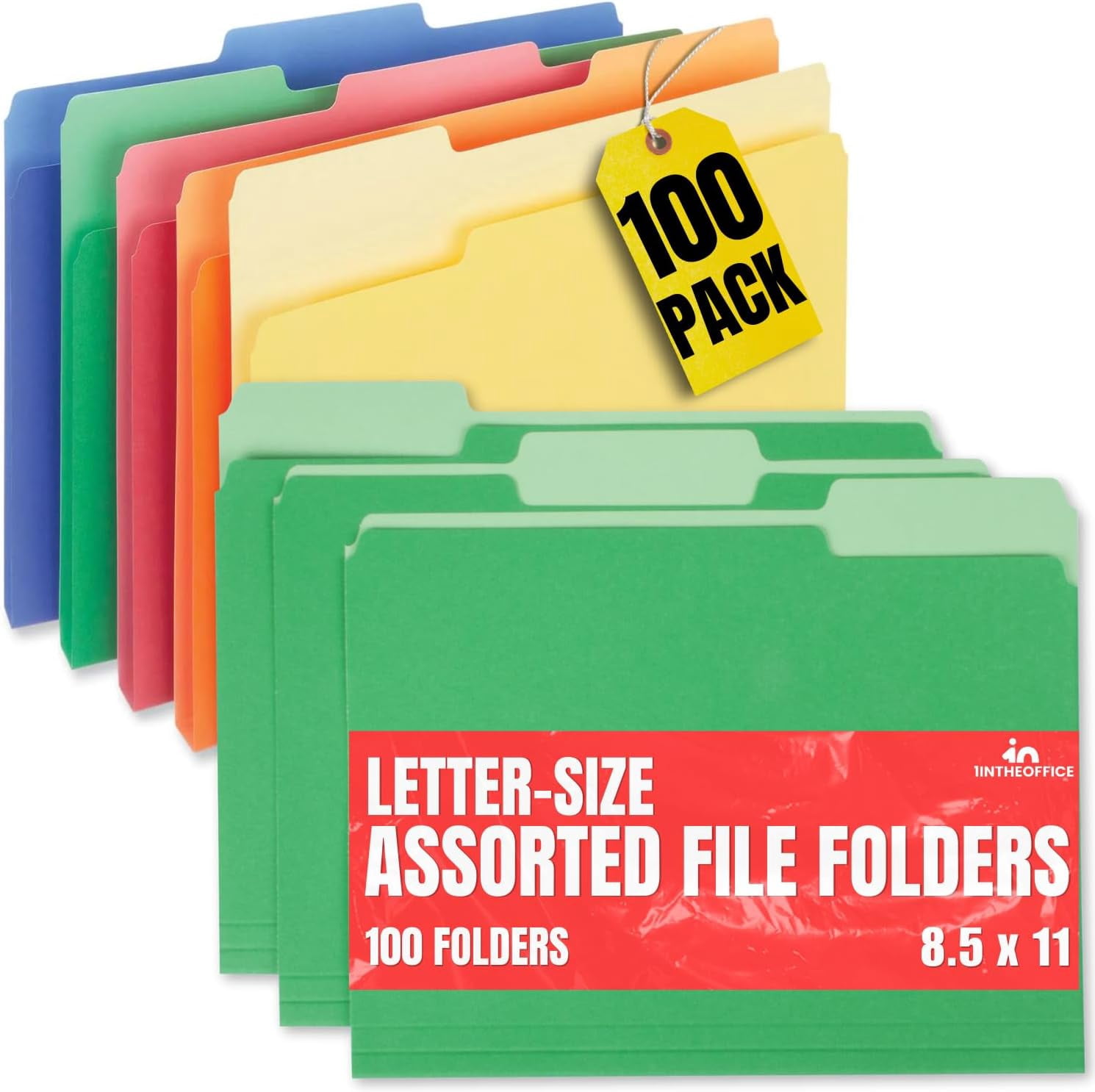1InTheOffice Colored File Folders, Top-Tab File Folders, 3 Tab, 5 Assorted Colors, Letter Size, 100/Pack
