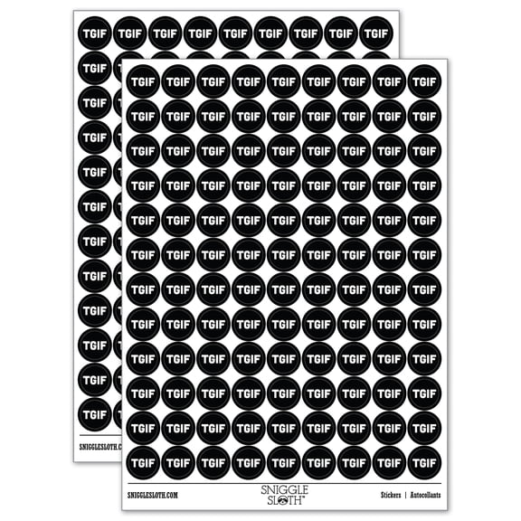TGIF Thank God It's Friday 200 Round Stickers - Black - Gloss Finish - 0.50" Size