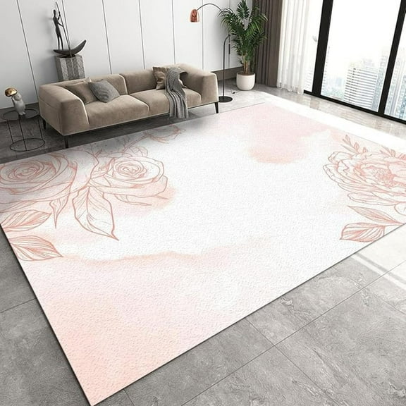 White Pink Flowers Area Rugs, Line Art Flowers Easy Clean Rug, Soft Non-Skid Carpet Throw Rug For Kids Teen Girls Boys Bedroom, Living Room Bathroom Classroom Office 1x2ft