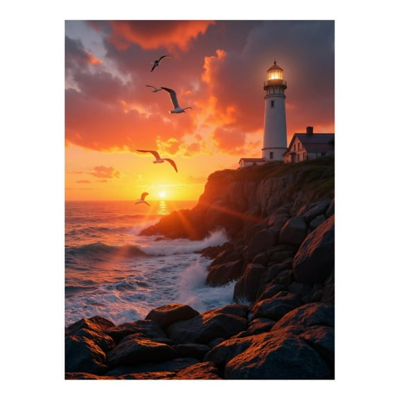 Diamond Art Kit for Adults, Sunset Lighthouse Ocean Waves Seagulls Diamond Painting for Adults Beginners, 5D DIY Diamond Art Painting Kits, Colorful Diamond Painting Craft for Home Decor 12x16
