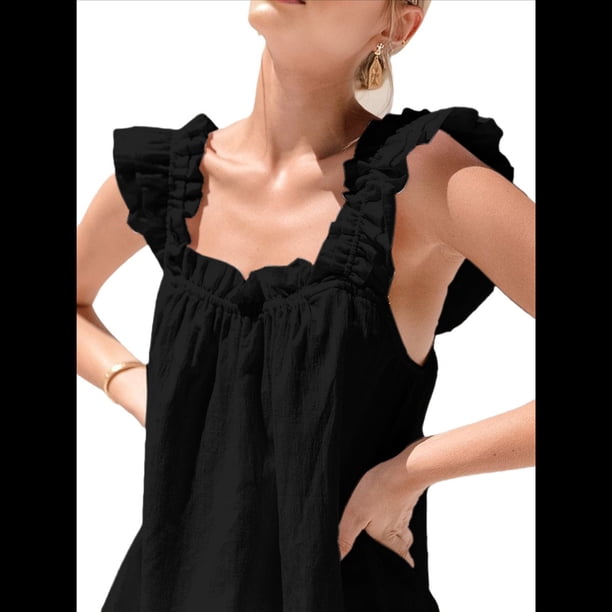Conjunto de Pijama de Algodón de Dos Piezas para Mujer, con Volantes y Pantalones Cortos Informales, para Verano. Negro S