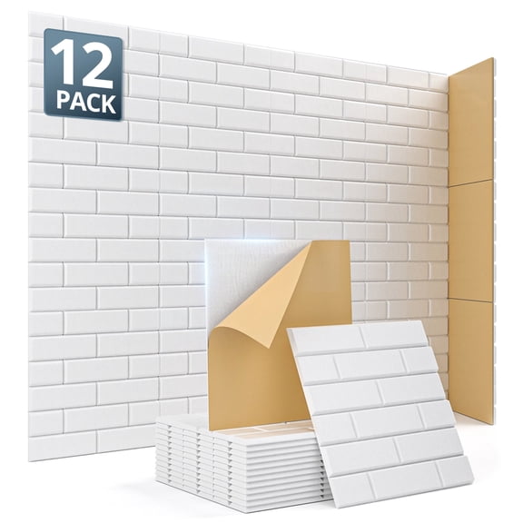 Kuchoow Sound Panels Self Adhesive 12 Pack High Density Acoustic Panel for Walls Ceilings & Doors, Brick Type Acoustic Felt Wall Panels for Office Apartment White 12" x 12" x 0.4"