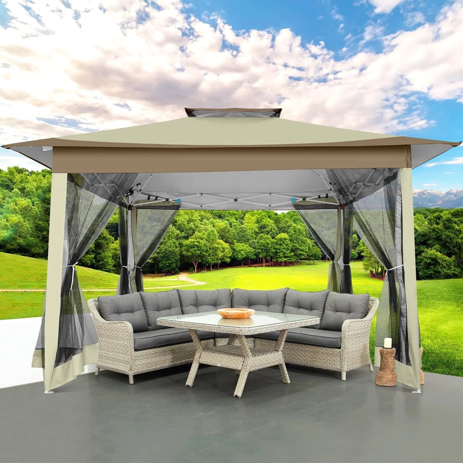 COBIZI 13x13 Pop-up Gazebo Outdoor Gazebo Canopy with Mosquito Netting Patio Tent Backyard Canopy with 2-Tiered Vented Top 3 Adjustable Height and 144 Square ft of Shade, Beige