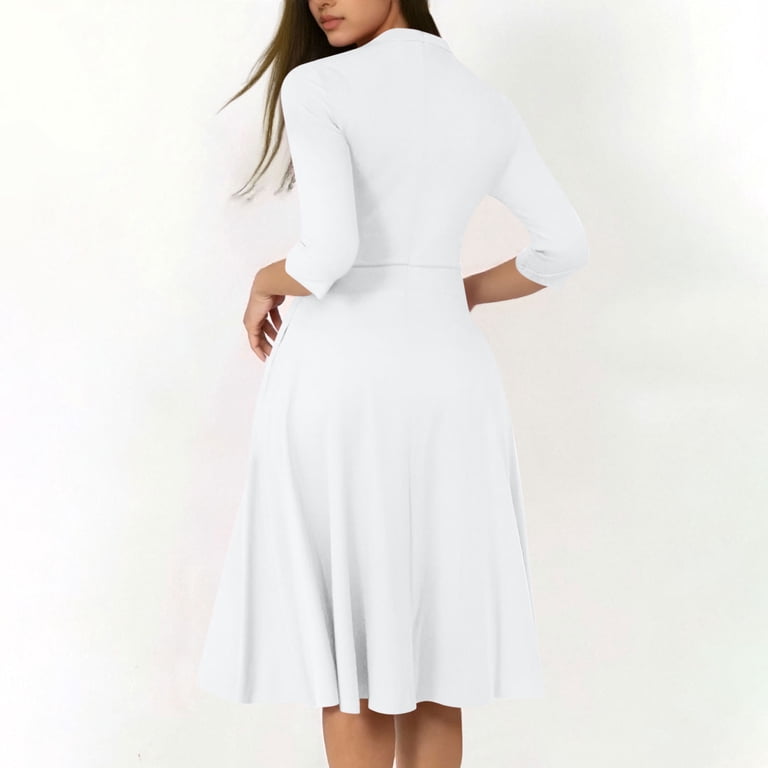 Efsteb Dresses for Women 2025 Elegant 3/4 Sleeve Notch V Neck Pleated A-Line Fit Flare Dress with Pockets for Work (White,XL), Women's
