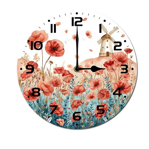 ZXCXRQFa Wildflower Windmill Wall Clocks Battery Operated 10 Inch Silent Non-Ticking Quiet Desk Clock Decor for Living Room Home Office School Kitchen