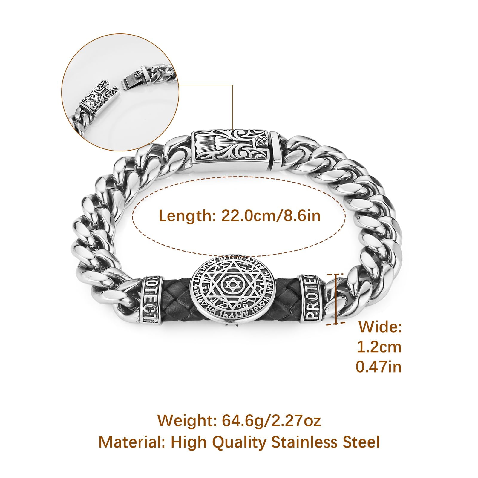 HZMAN 8.5Inch Cuban Chain Bracelet Classic Heavy Stainless Steel Bracelet for Men Biker Seal of Solomon Medal Link Bracelet Jewelry Gift