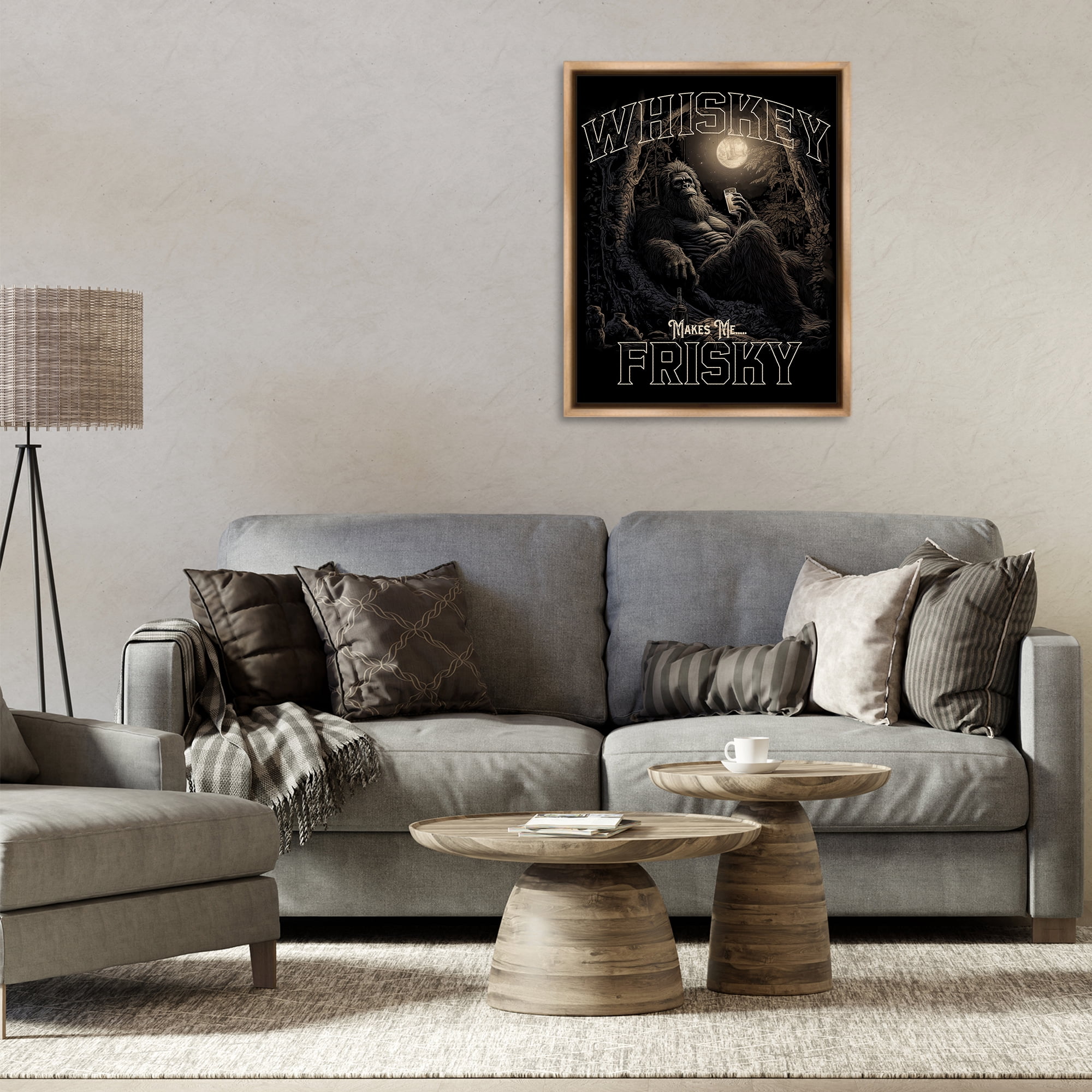 Stupell Industries Whiskey Makes Me Frisky Fairy Tales & Fantasy Painting Brown Floater Framed Canvas Art Print Wall Art, 25 x 31