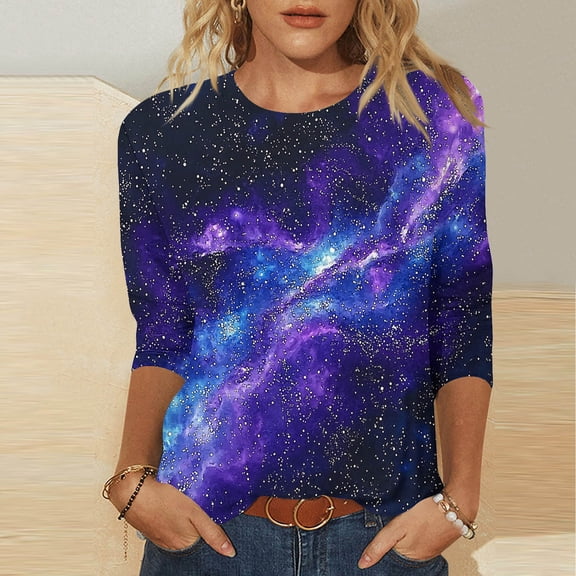 Itsame Summer Short Shirt Sleeved for Womens Printed T-Shirt Tops Round Neck Blouses Purple Size L