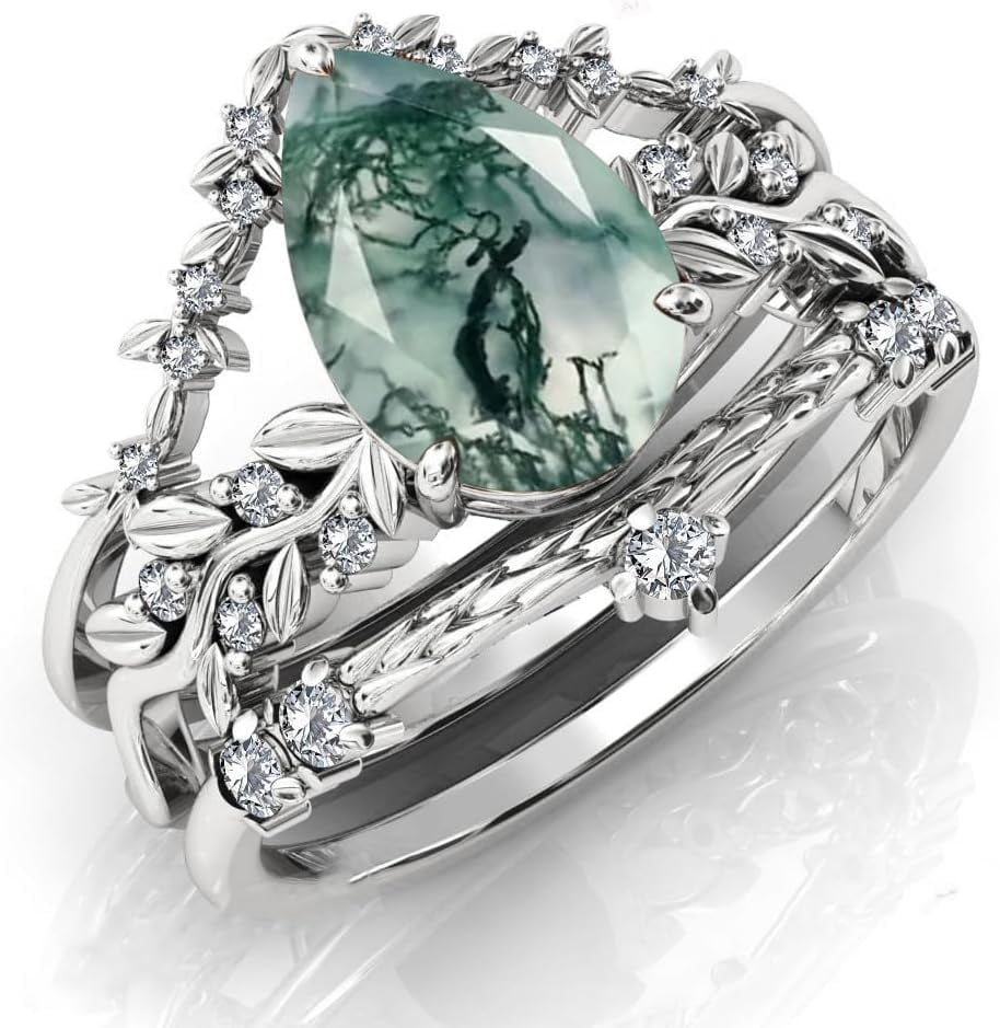 Natural Moss Agate Sterling Silver Rings Set - Leaf Art Deco Hexagon/Pear Moss Agate Engagement Wedding Promise Rings Set - Vintage Unique Bridal Ring Set for Women