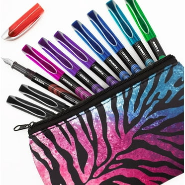 Zebra Fuente - Disposable Fountain Pen - Coloured Ink - Pack of 10 - Includes Pink/Blue Striped Pencil Case