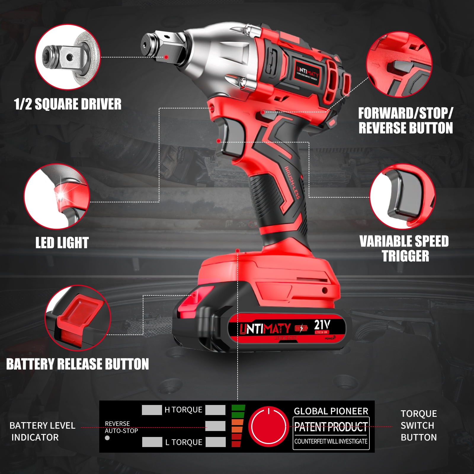 Cordless Impact Wrench, UMTIMATY Power 1/2 inch Brushless Impact Gun, Max Torque 350 ft-lbs（450N.m) Impact Drill with 20V Brushless Motor, with 2 x 2.0Ah Li-ion Battery & 7 Sockets,9 Drill,6 Screws